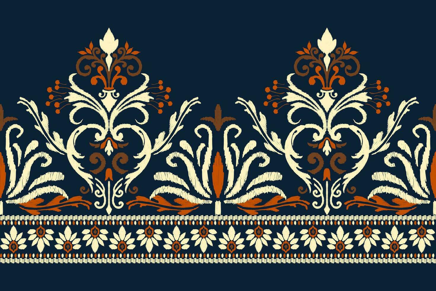 Ikat floral paisley embroidery on navy blue background.Ikat ethnic oriental pattern traditional.Aztec style abstract vector illustration.design for texture,fabric,clothing,wrapping,decoration,sarong.