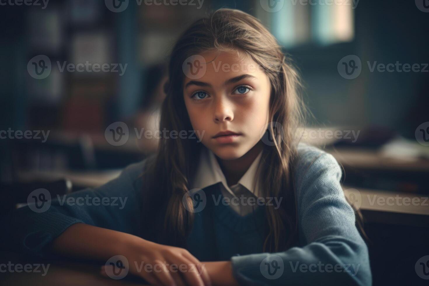 Girl at desk in classroom. Education in elementary school. Generative AI photo