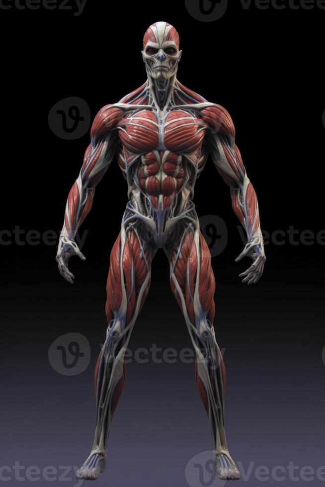 Anatomical human body with muscular and circulatory systems. photo