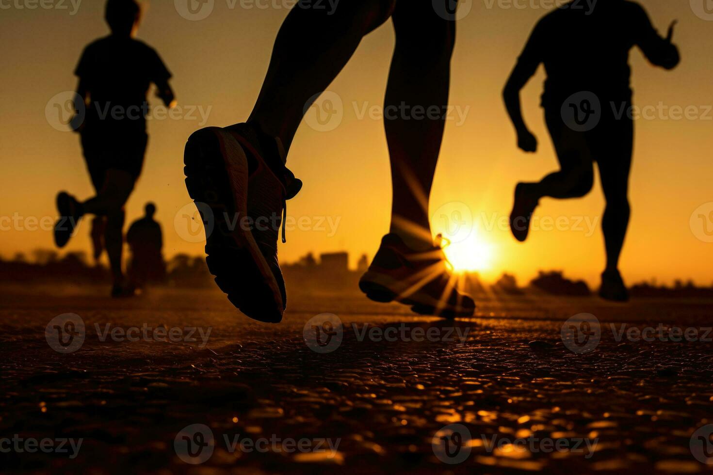 corredores siluetas formación a puesta de sol. deporte ocupaciones al aire libre. generativo ai foto