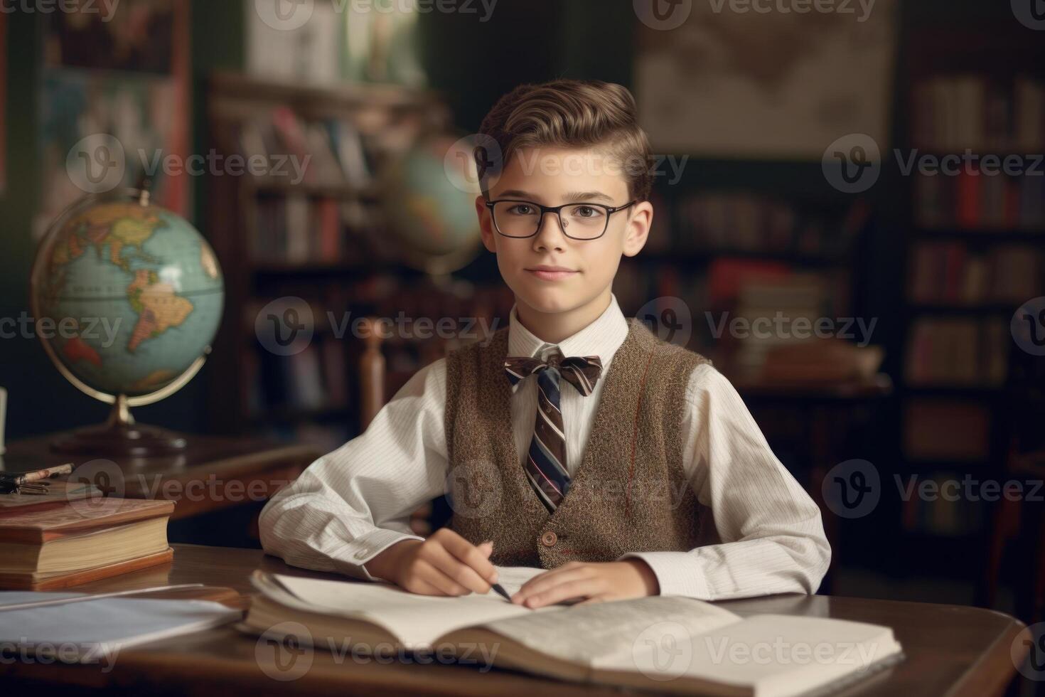 chico a escritorio en aula. educación en elemental escuela. generativo ai foto