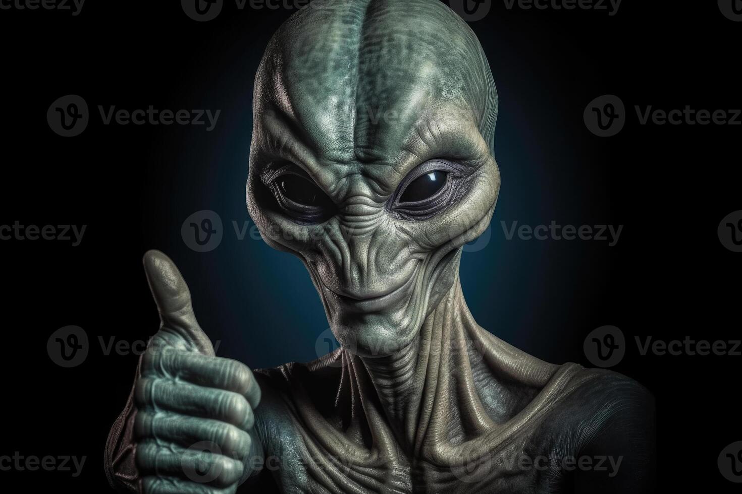 Alien humanoid shows thumb up gesture on dark background. photo