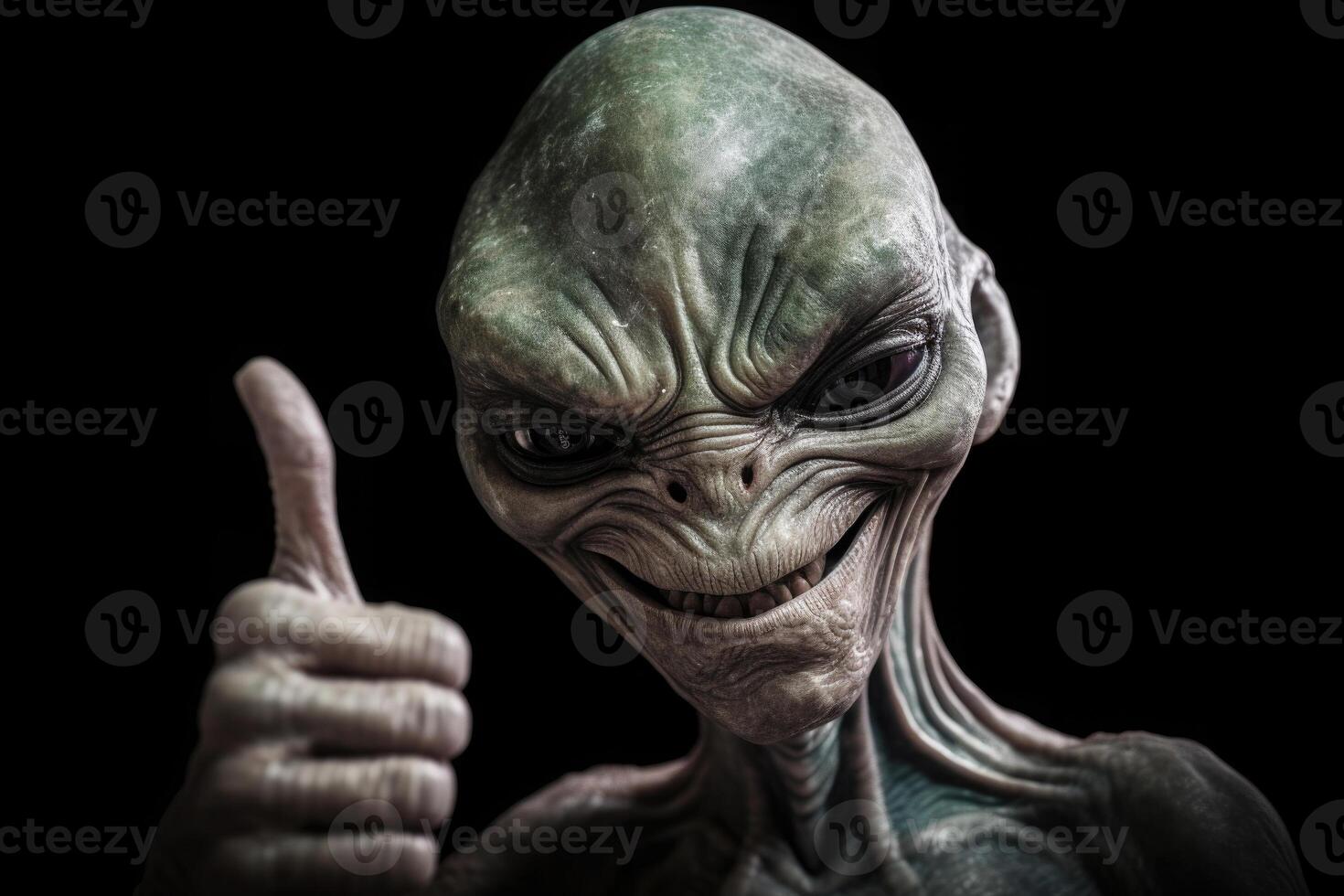 Alien humanoid shows thumb up gesture on dark background. Generative AI photo