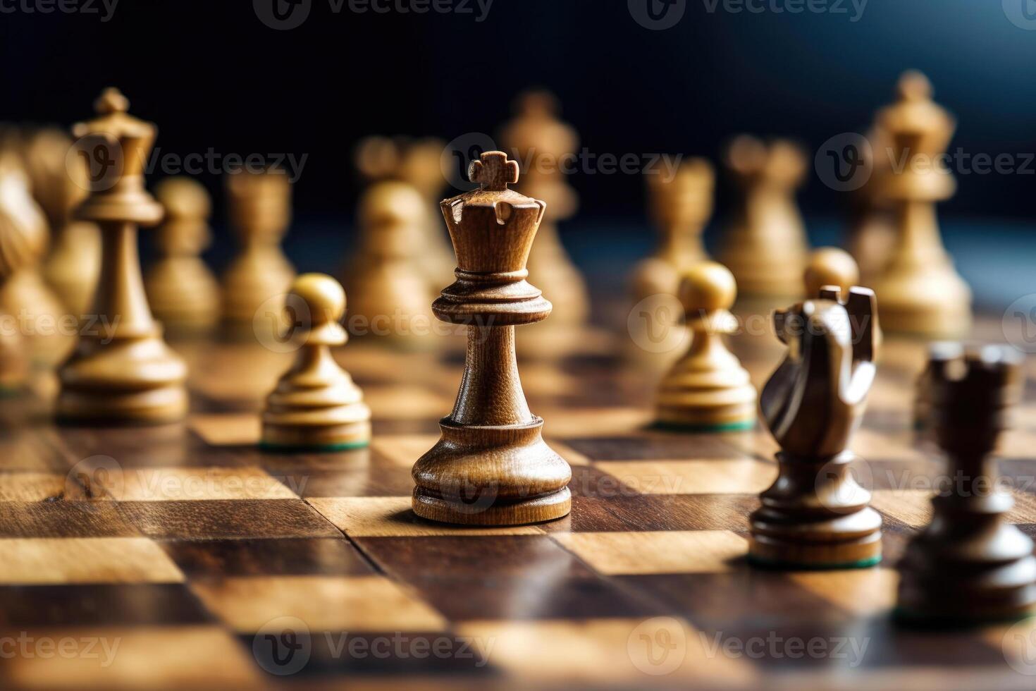 Chess pieces on chessboard, dark background. photo