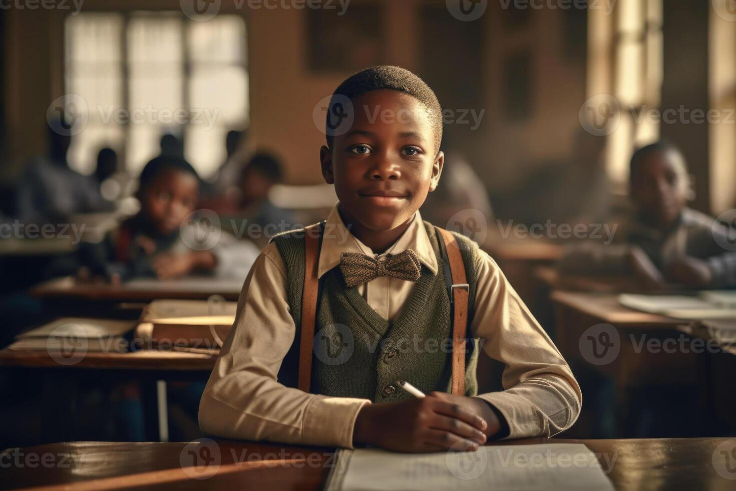Boy at desk in classroom. Education in elementary school. photo