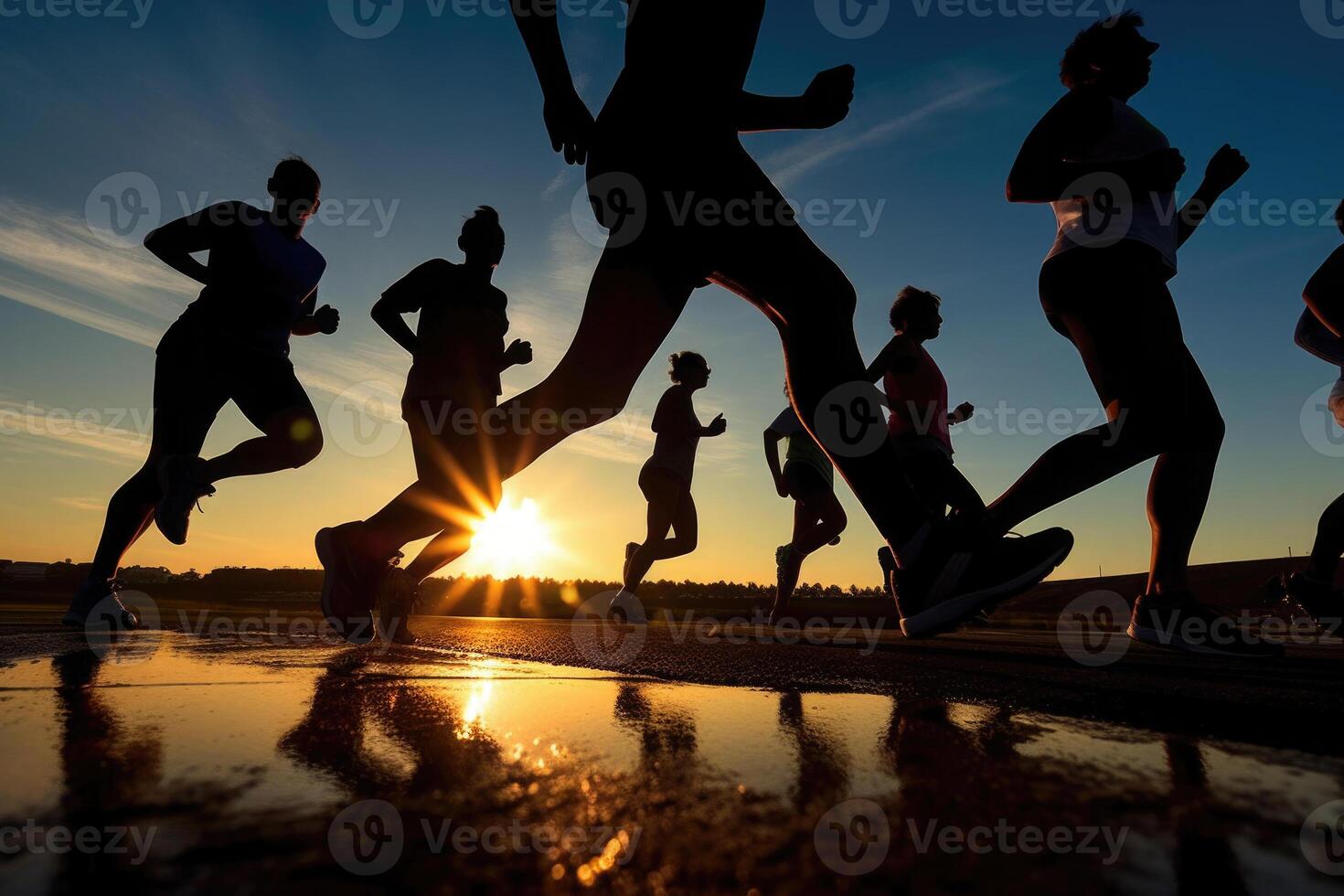 corredores siluetas formación a puesta de sol. deporte ocupaciones al aire libre. generativo ai foto