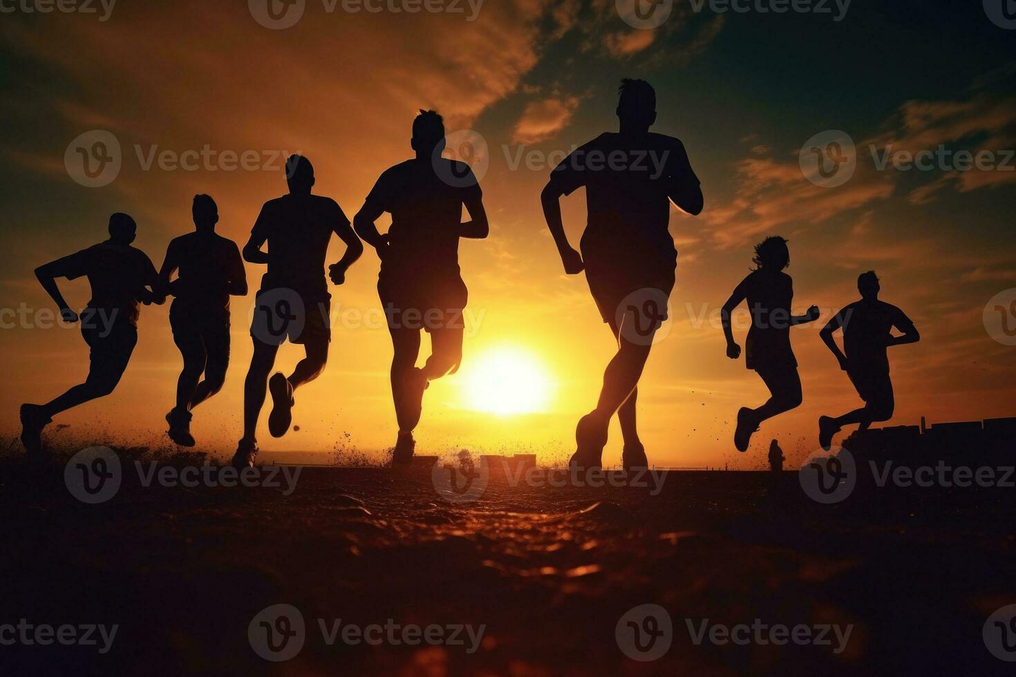 corredores siluetas formación a puesta de sol. deporte ocupaciones al aire libre. generativo ai foto