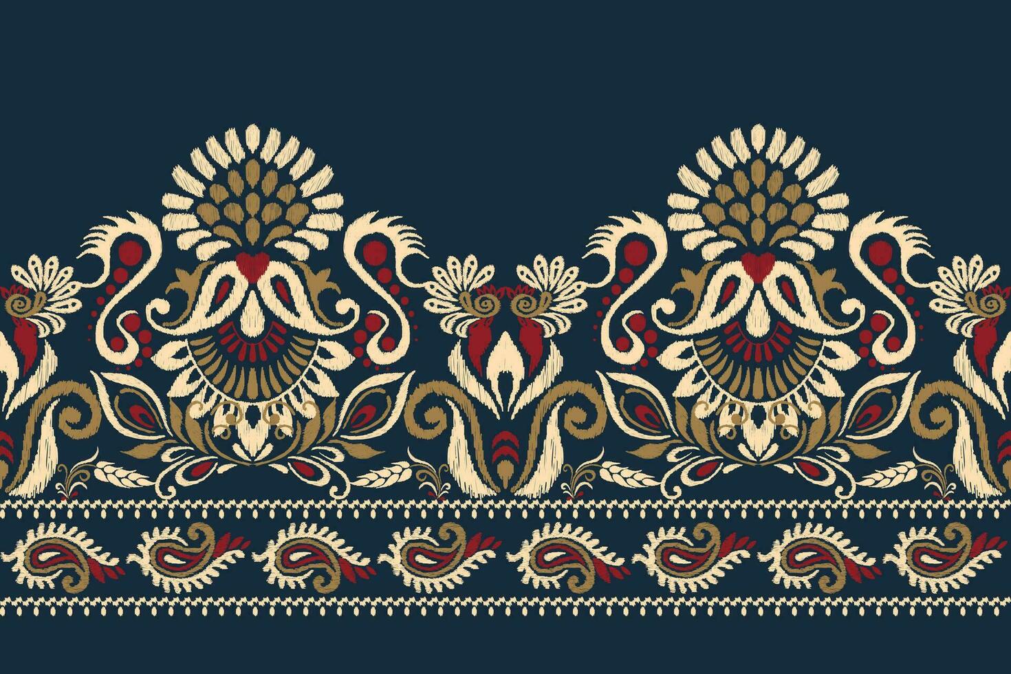 Ikat floral paisley embroidery on navy blue background.Ikat ethnic oriental pattern traditional.Aztec style abstract vector illustration.design for texture,fabric,clothing,wrapping,decoration,sarong.