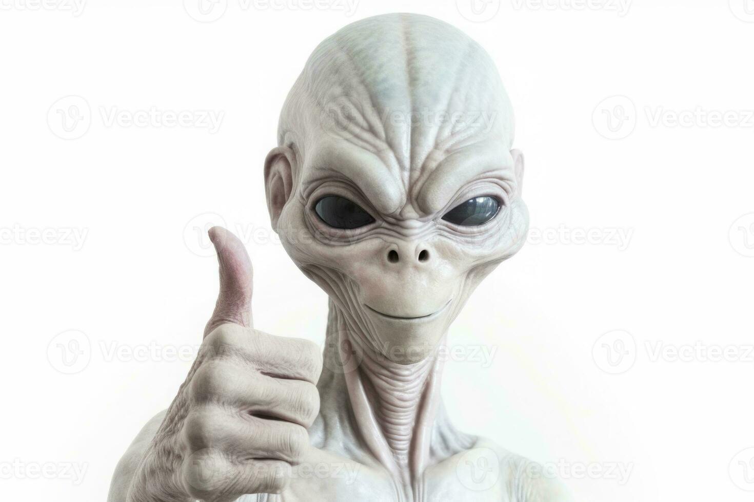 Alien humanoid shows thumb up gesture on white background. Generative AI photo