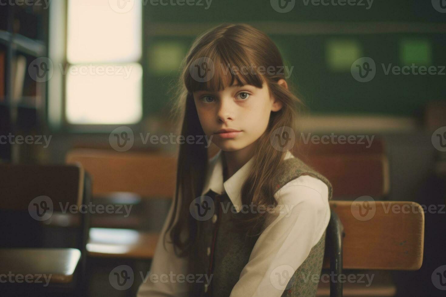 Girl at desk in classroom. Education in elementary school. Generative AI photo