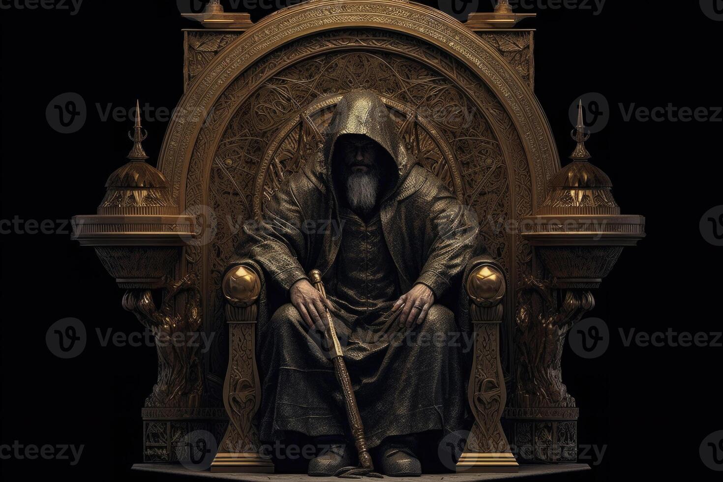 Man in hood sitting on royal throne in dark castle hall. photo