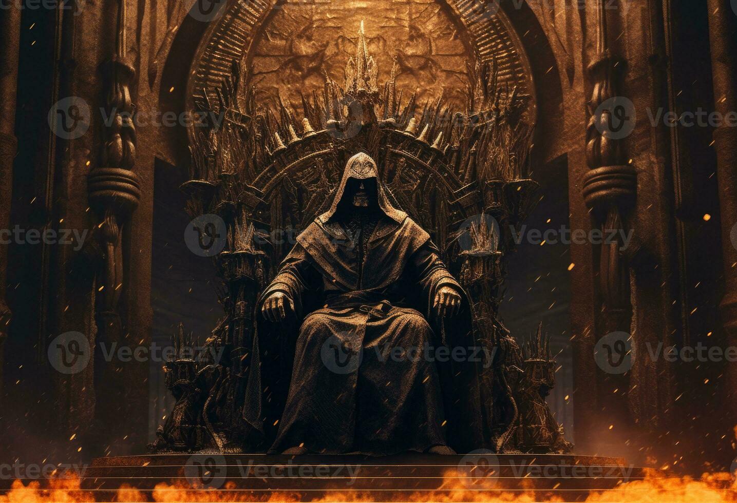 Man in hood sitting on royal throne in dark castle hall. Generative AI photo