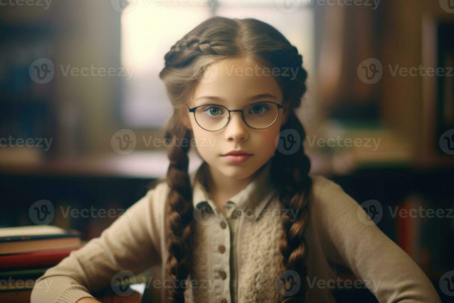 Girl at desk in classroom. Education in elementary school. Generative AI photo