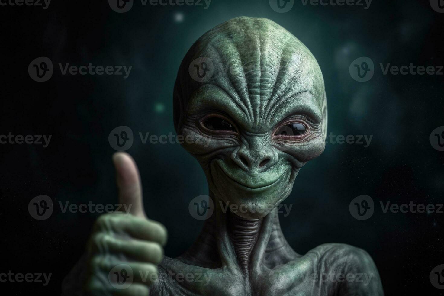 Alien humanoid shows thumb up gesture on dark background. Generative AI photo
