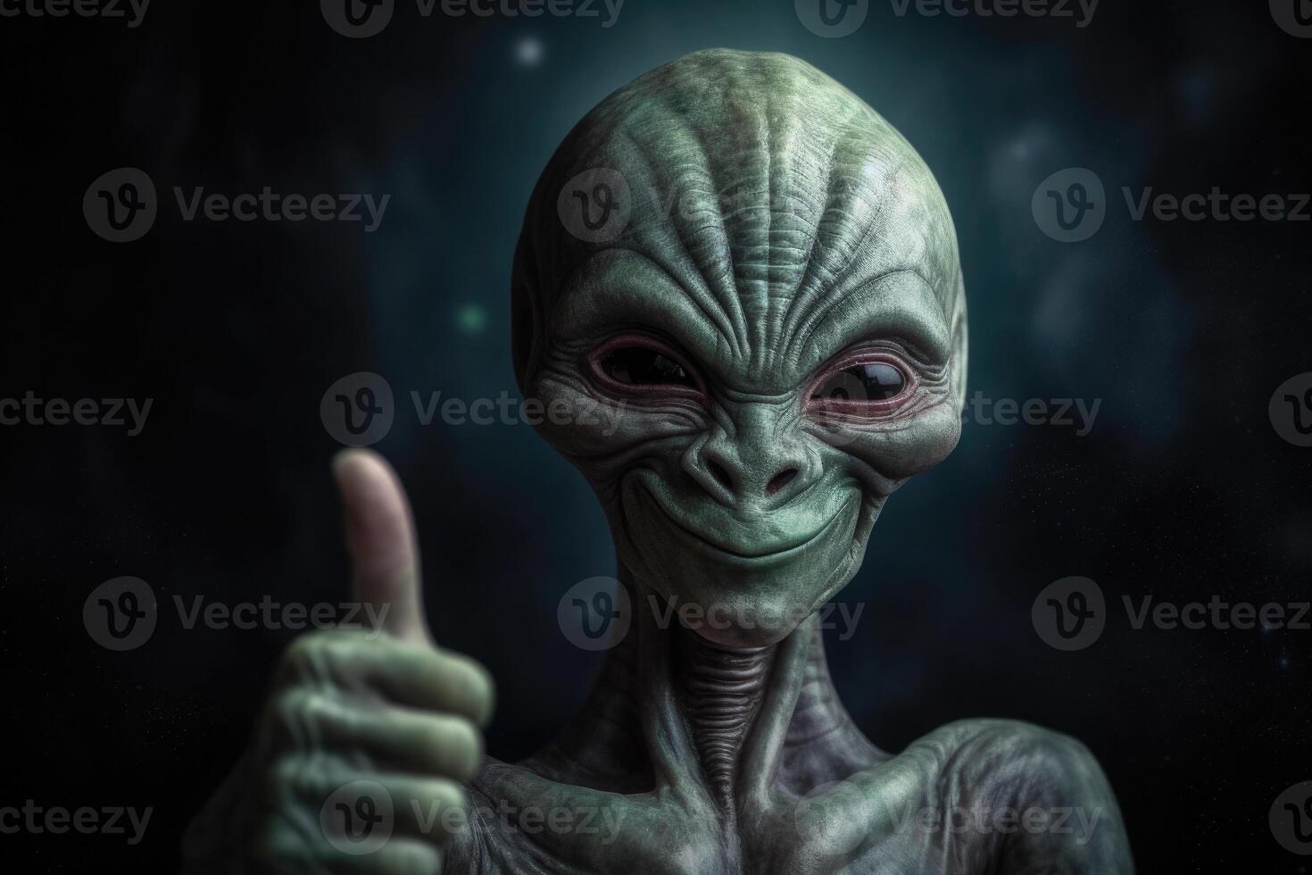 Alien humanoid shows thumb up gesture on dark background. photo