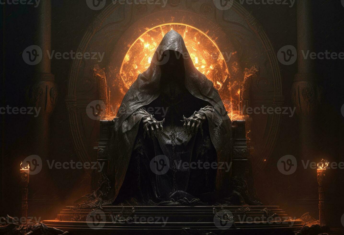 Man in hood sitting on royal throne in dark castle hall. Generative AI photo