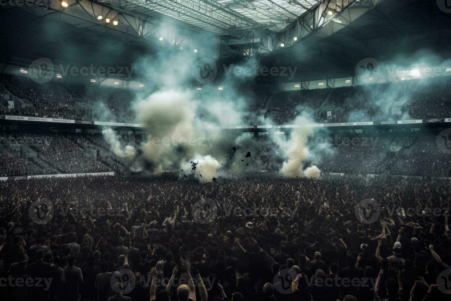 fútbol americano estadio con iluminado luces, bengalas y fumar bombas generativo ai foto