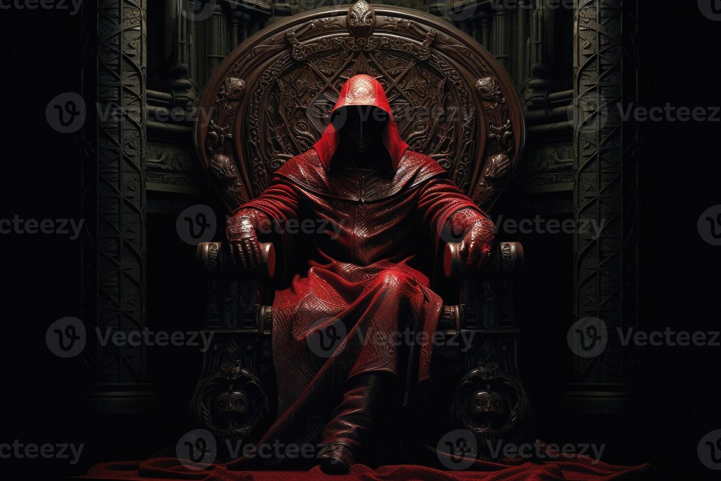 Man in hood sitting on royal throne in dark castle hall. photo