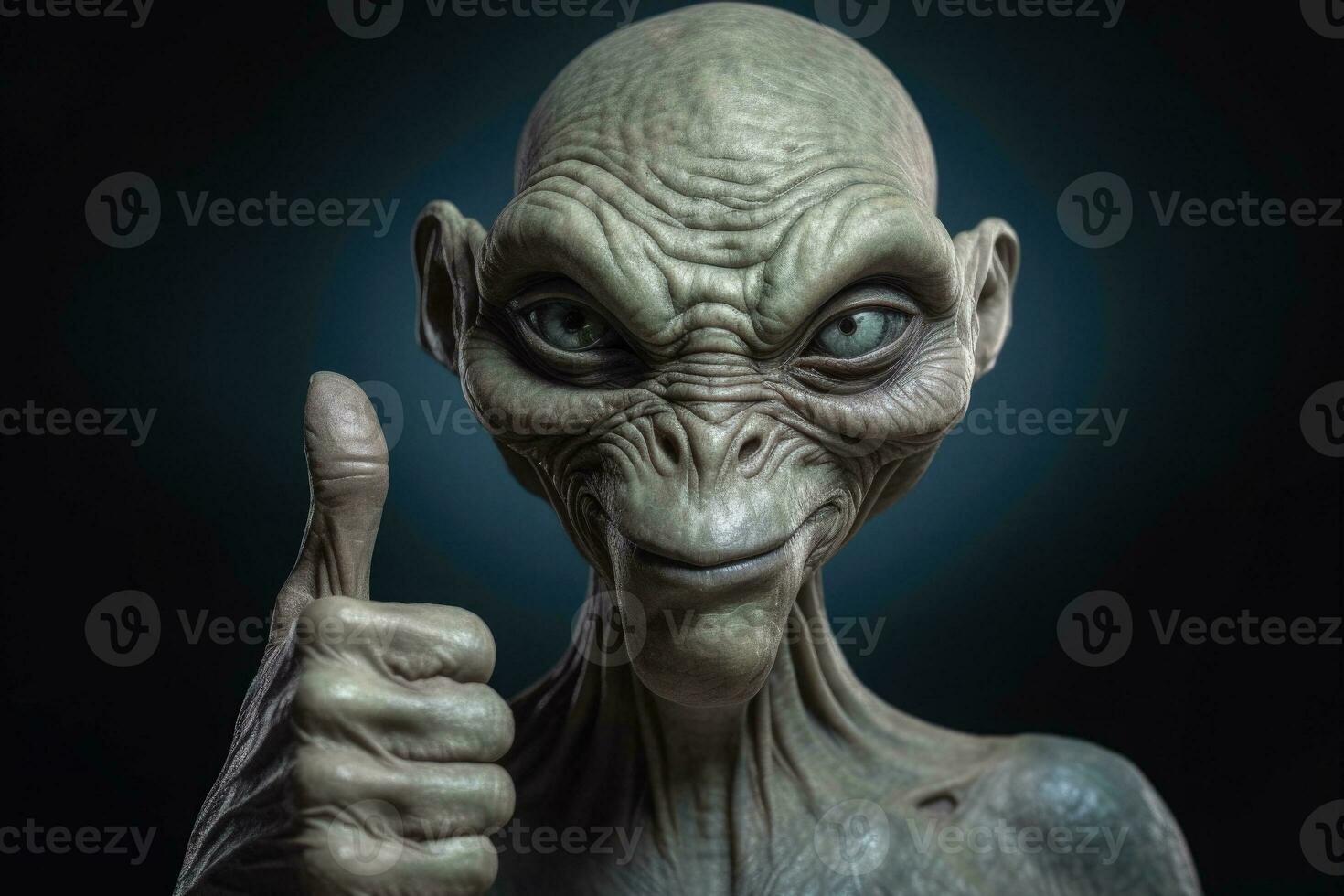 Alien humanoid shows thumb up gesture on dark background. Generative AI photo