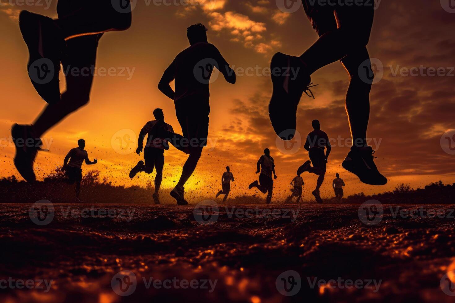 corredores siluetas formación a puesta de sol. deporte ocupaciones al aire libre. generativo ai foto