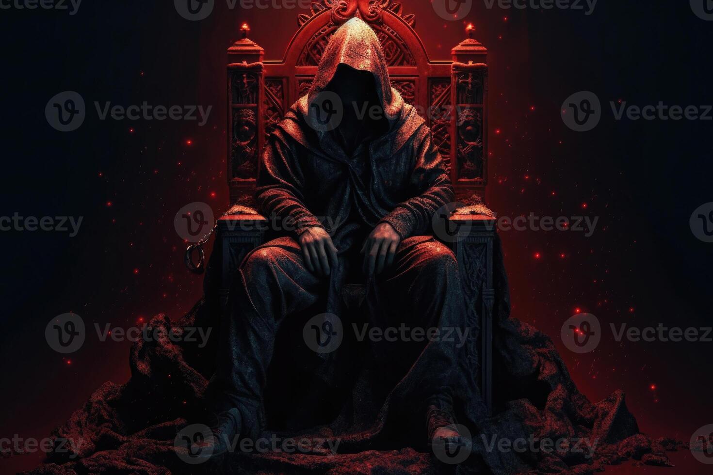 Man in hood sitting on royal throne in dark castle hall. photo