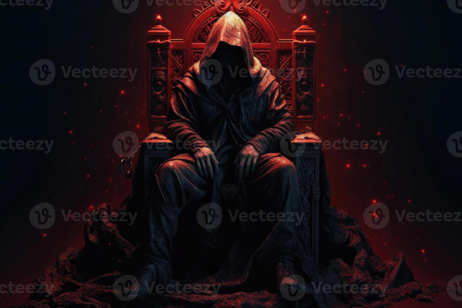 Man in hood sitting on royal throne in dark castle hall. Generative AI photo