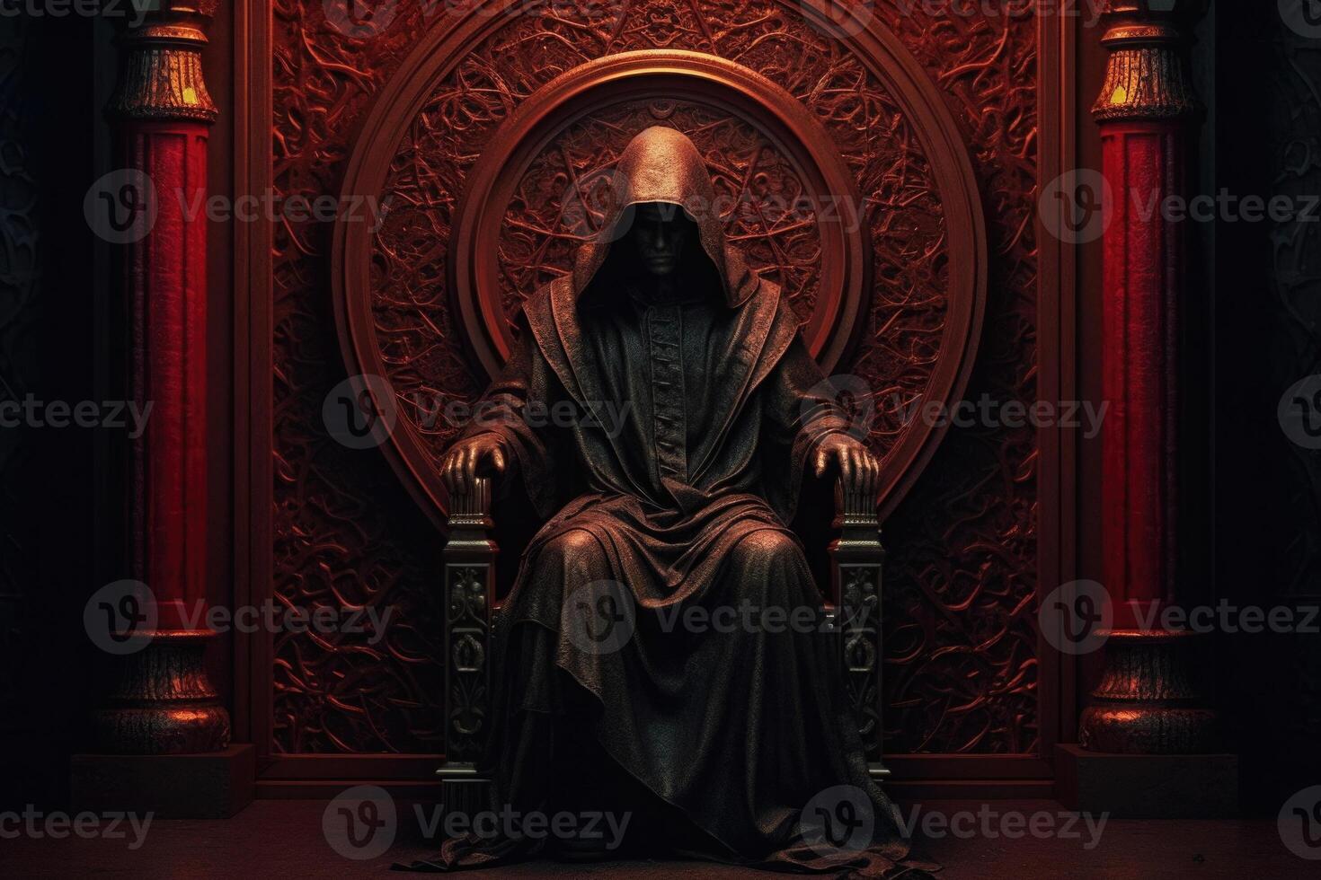 Man in hood sitting on royal throne in dark castle hall. photo