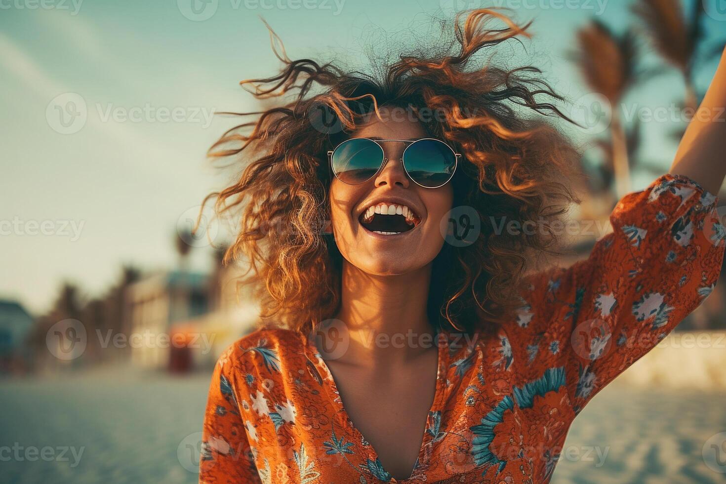 Portrait of happy woman smiling and raising her hands. photo