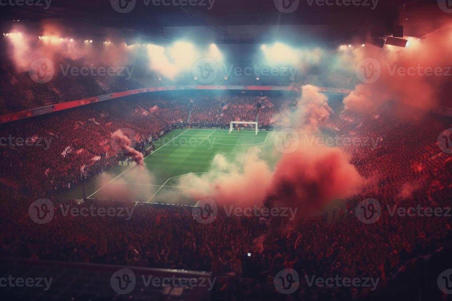 Football stadium with lit lights, flares and smoke bombs. Generative AI photo