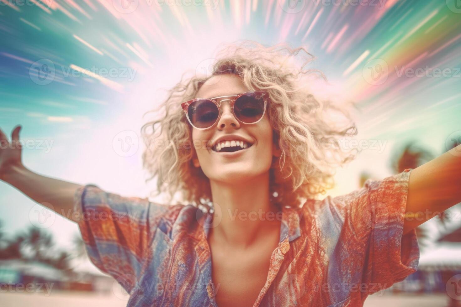 Portrait of happy woman smiling and raising her hands. photo