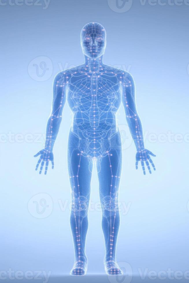 Human body silhouette with energy points. Anatomical model. Generative AI photo