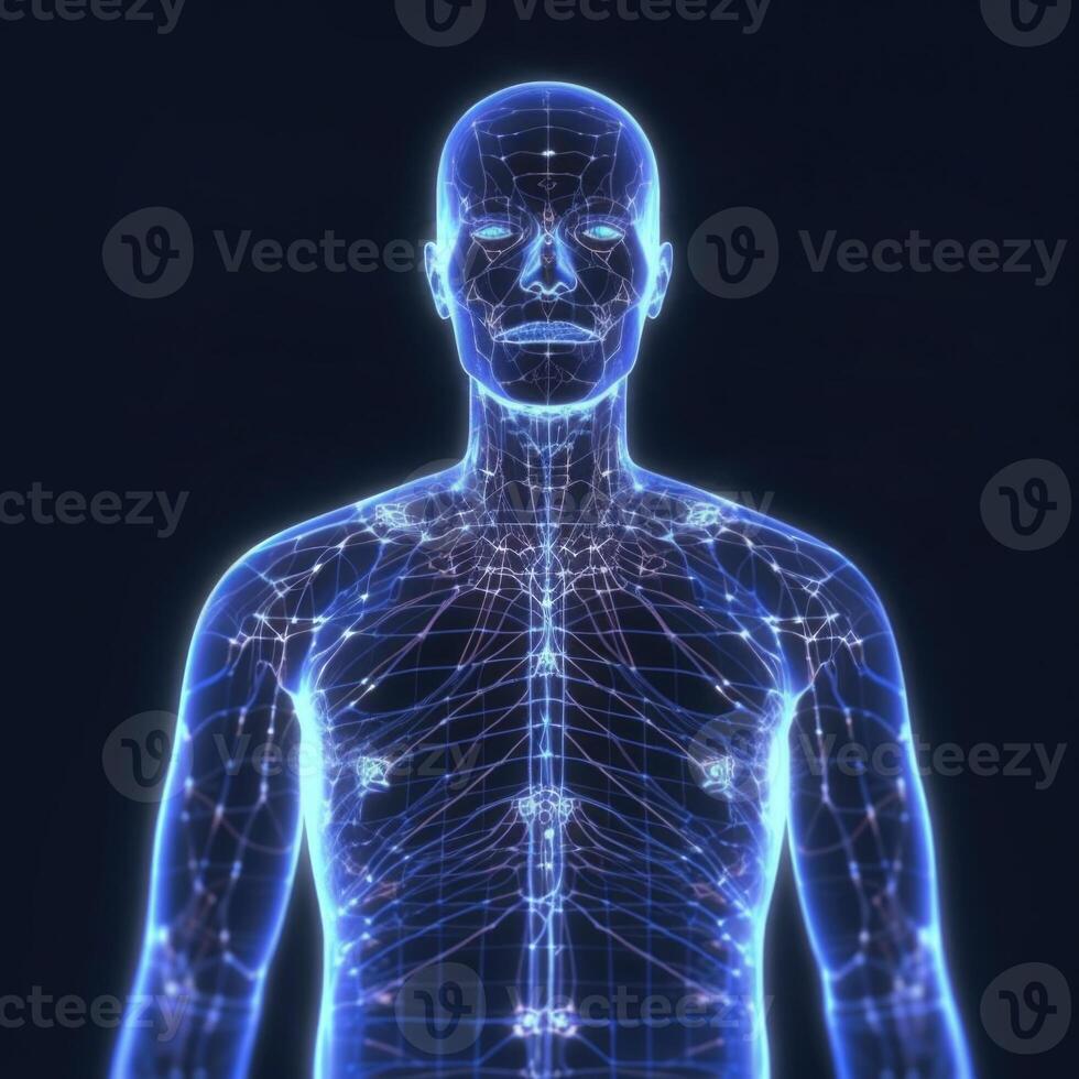 Human body silhouette with energy points. Anatomical model. Generative AI photo