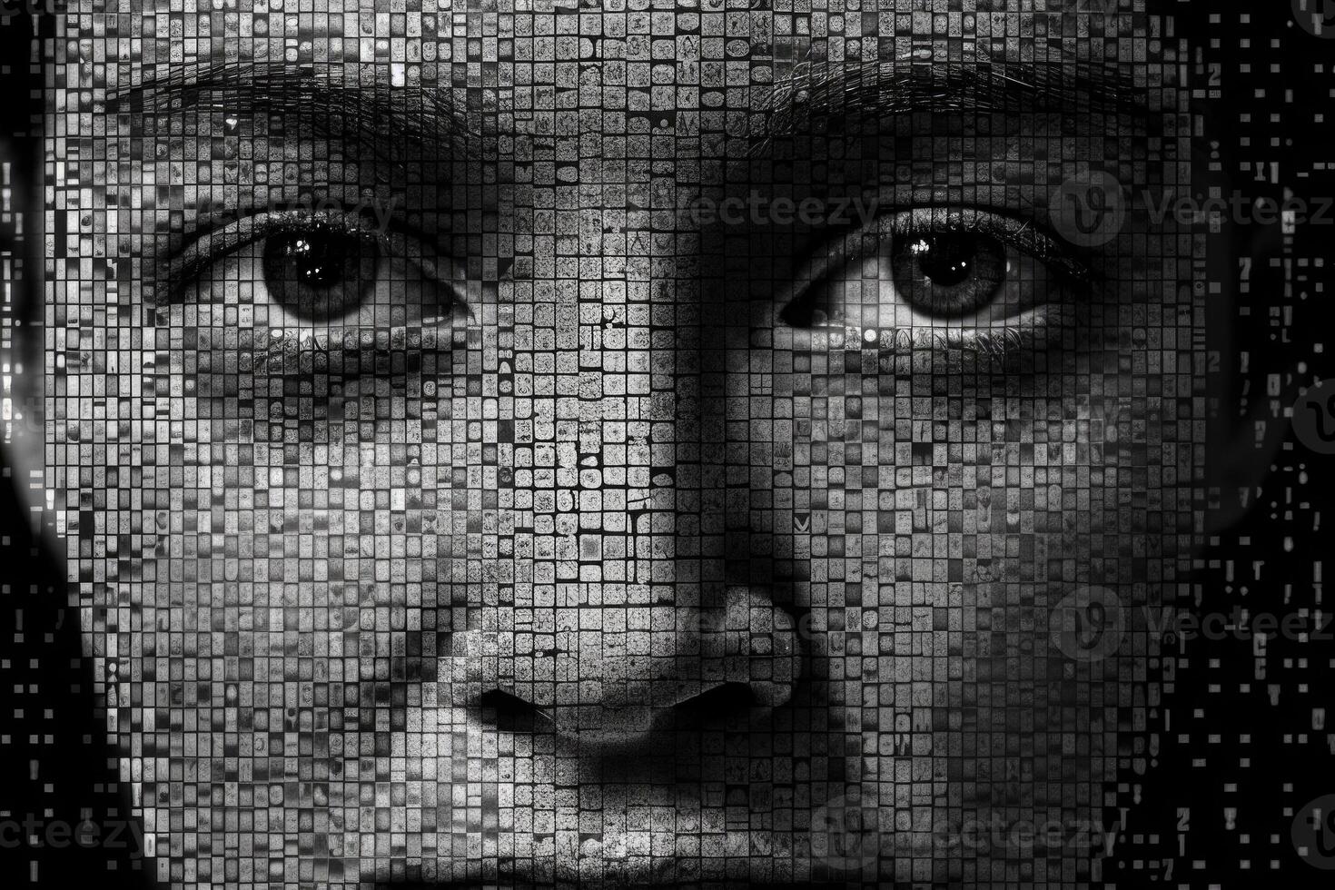 Face against digital signs. Artificial intelligence concept. photo