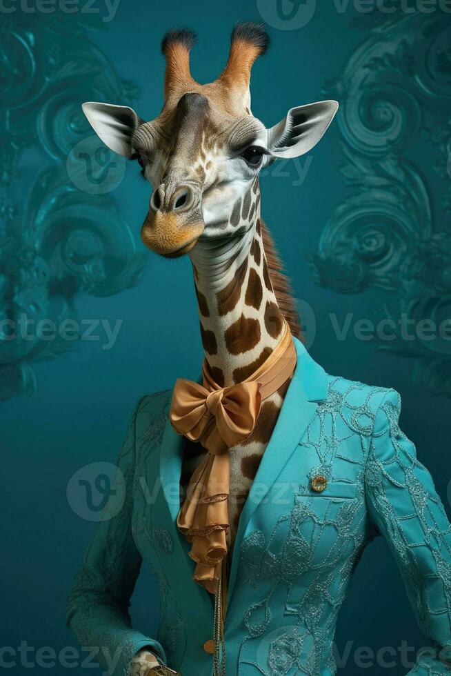 Portrait of giraffe in human clothing. Antropomorphic animal. Generative AI photo