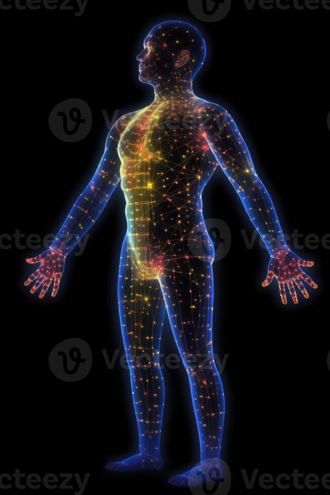 Human body silhouette with energy points. Anatomical model. photo