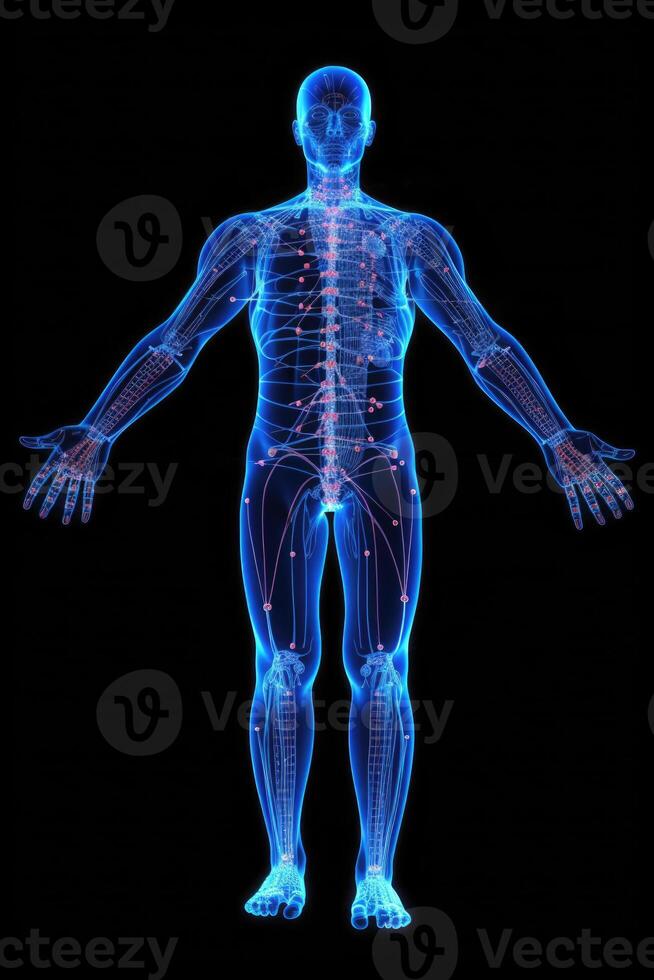 Human body silhouette with energy points. Anatomical model. Generative AI photo