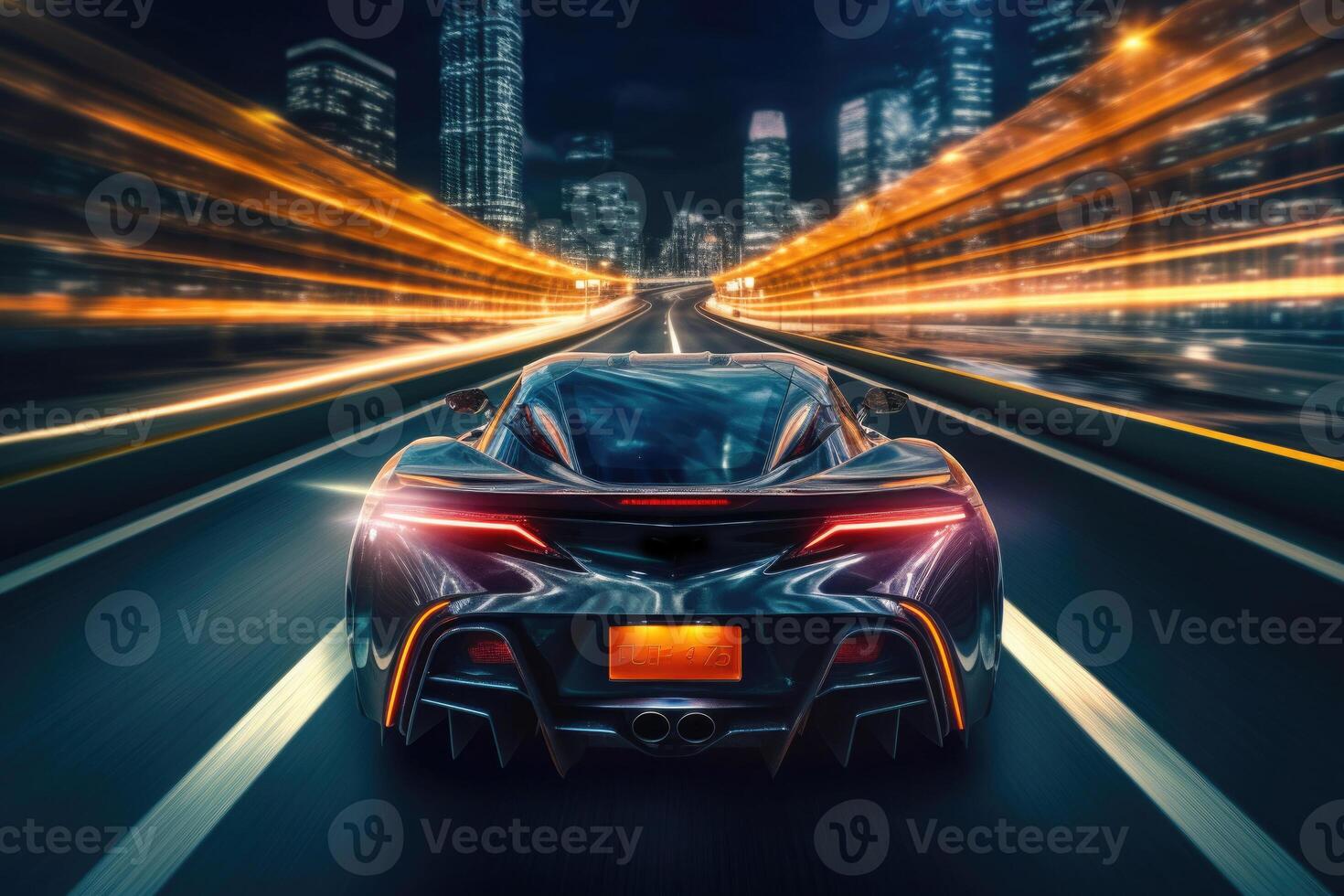 Futuristic sport car at road with motion blur light effect. Generative AI photo