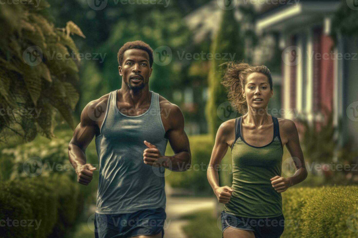 Couple running together. Male and female athlete jogging. Generative AI photo
