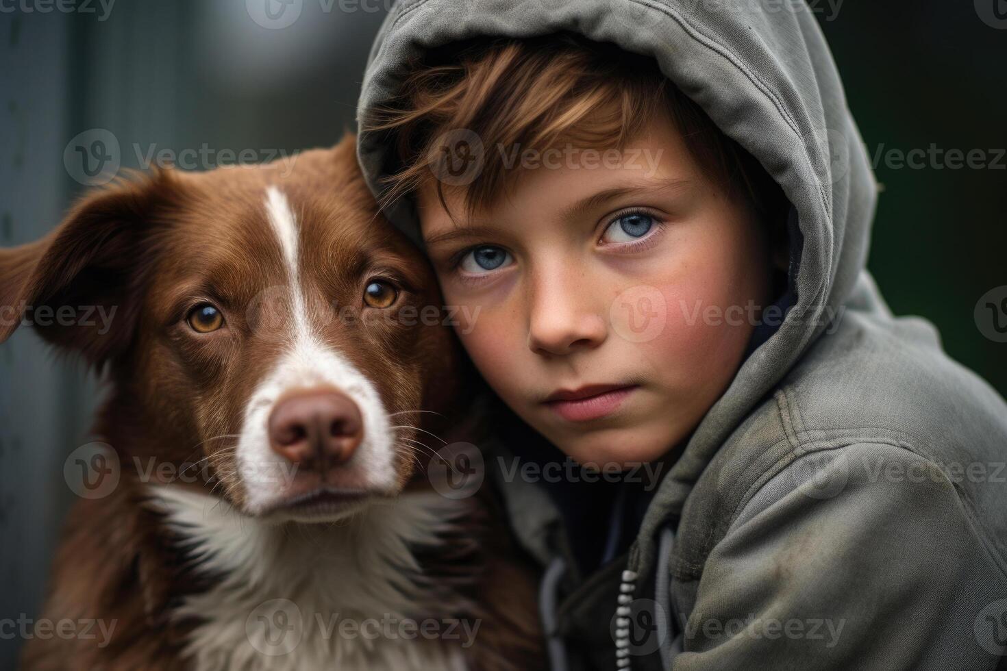 Boy and dog portrait. Pet care. People emotions. Generative AI photo