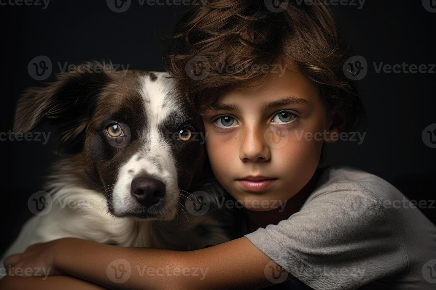 chico y perro retrato. mascota cuidado. personas emociones generativo ai foto