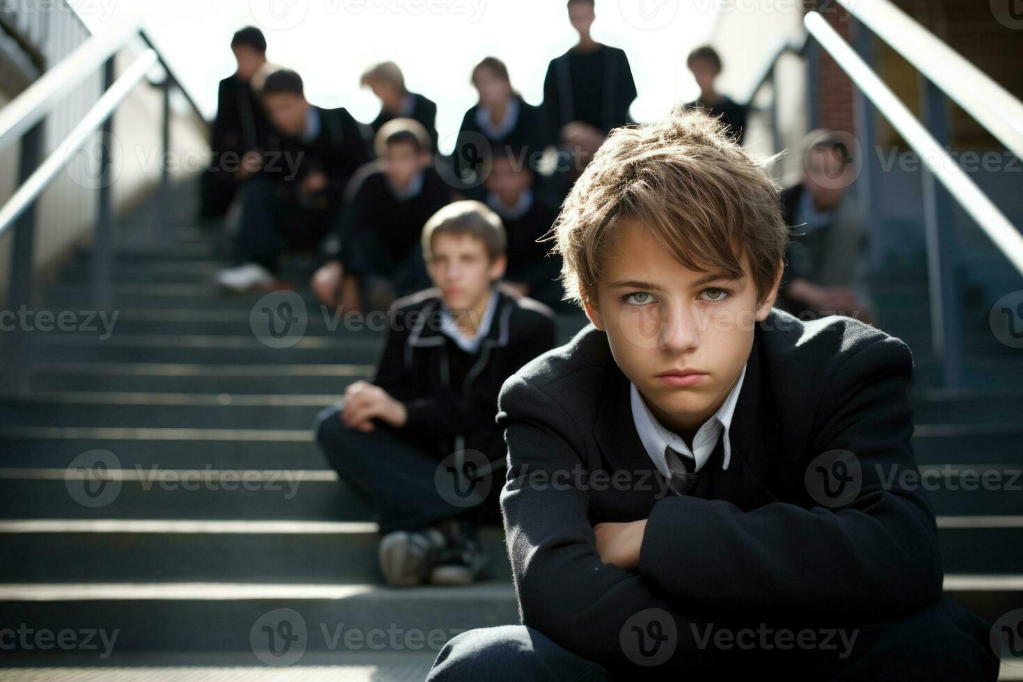 colegio chico sentado solo a escaleras. víctima de colegio acoso. generativo ai foto