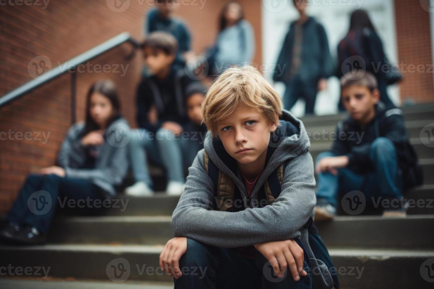 colegio chico sentado solo a escaleras. víctima de colegio acoso. generativo ai foto