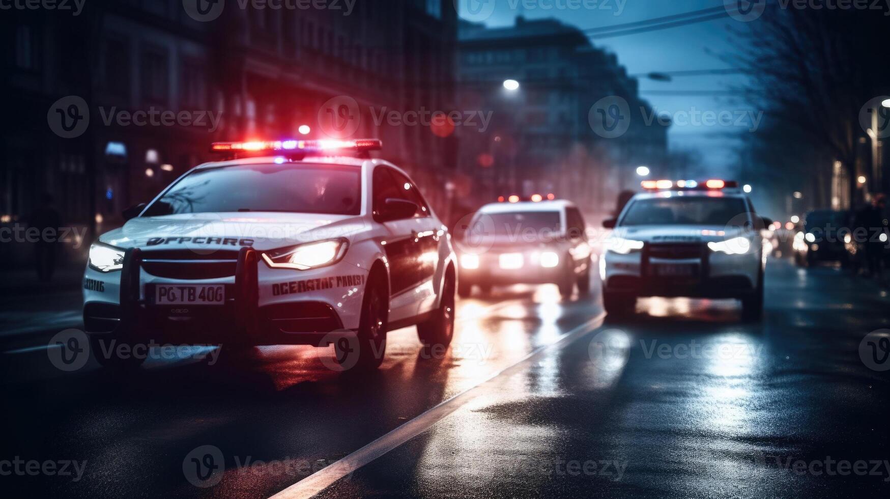 policía coche con Destellador luces a noche calle. generativo ai foto