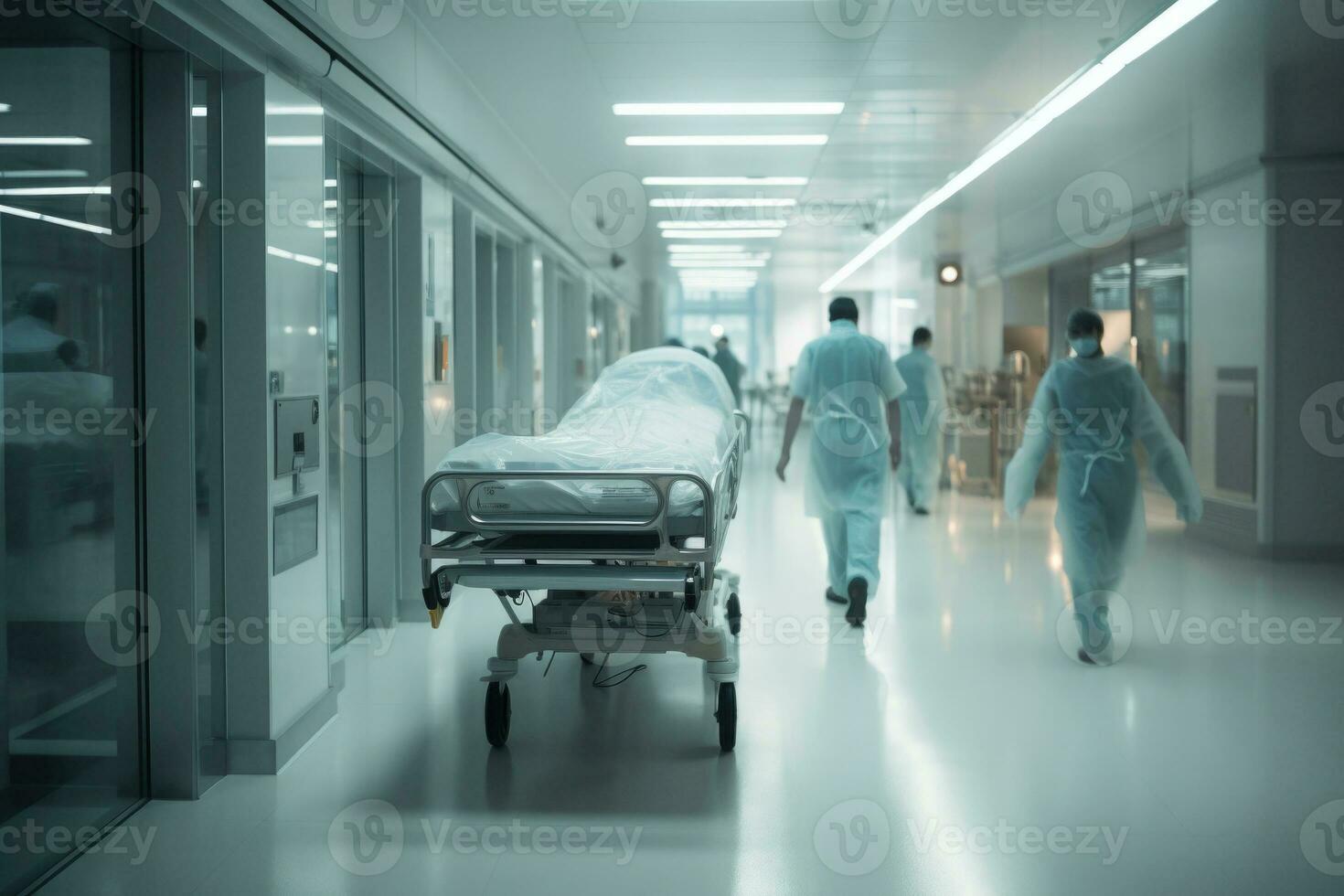 Hospital emergency team rush patient in clinic corridor. Generative AI photo