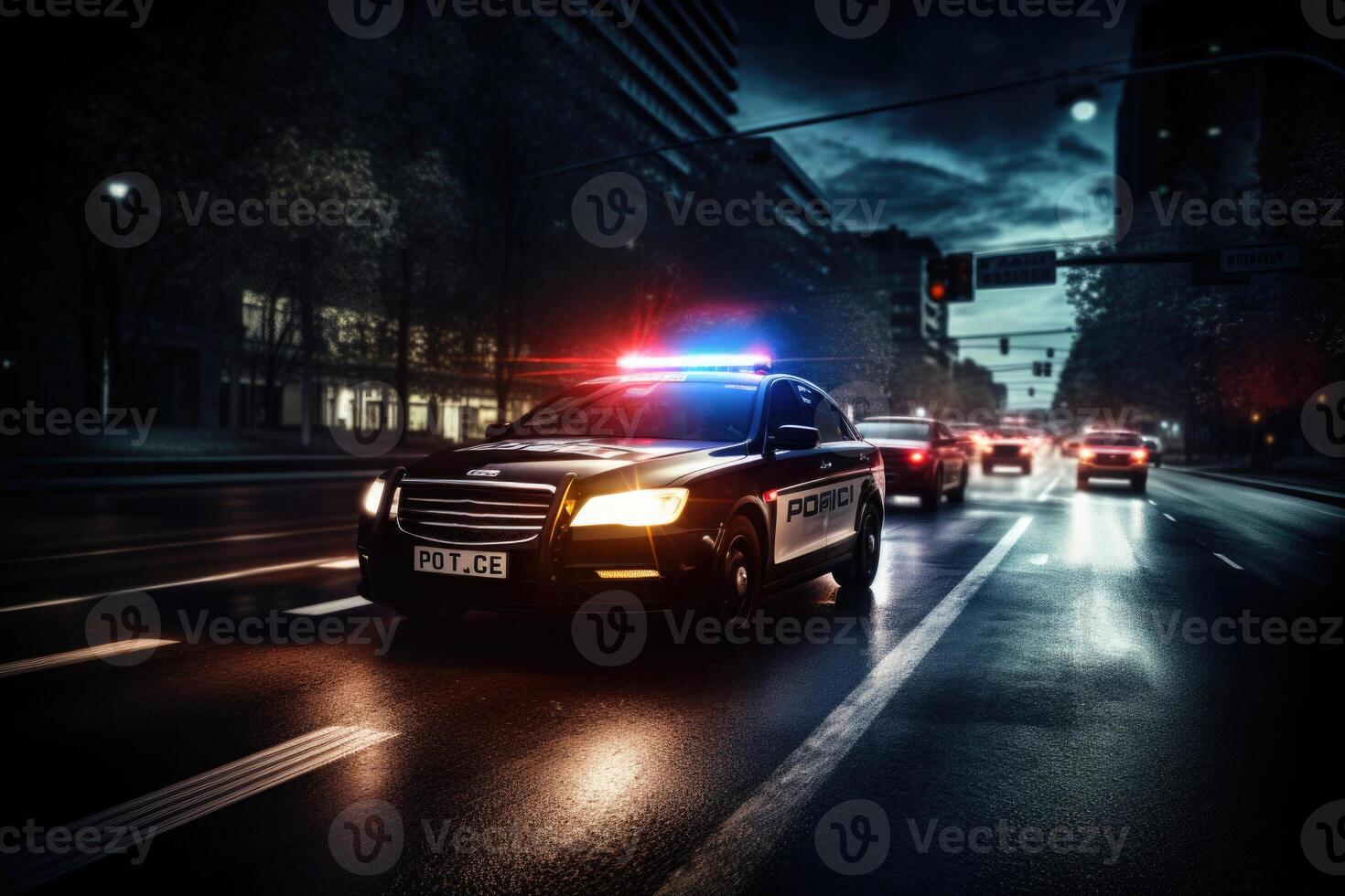 Police car with flasher lights at night street. photo