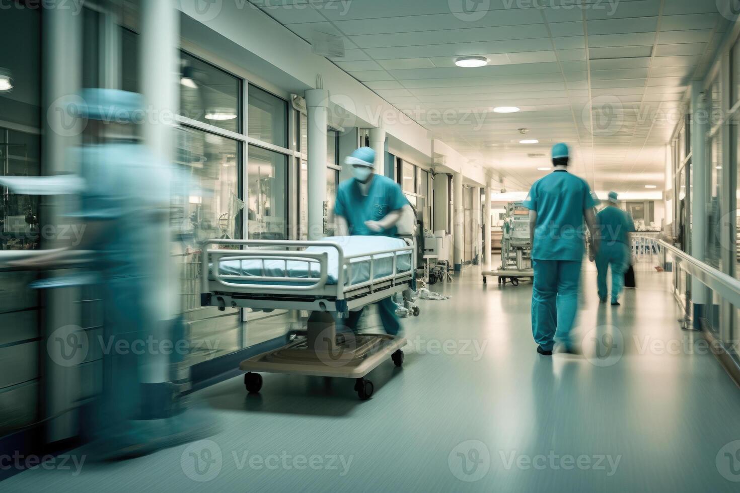 Hospital emergency team rush patient in clinic corridor. photo