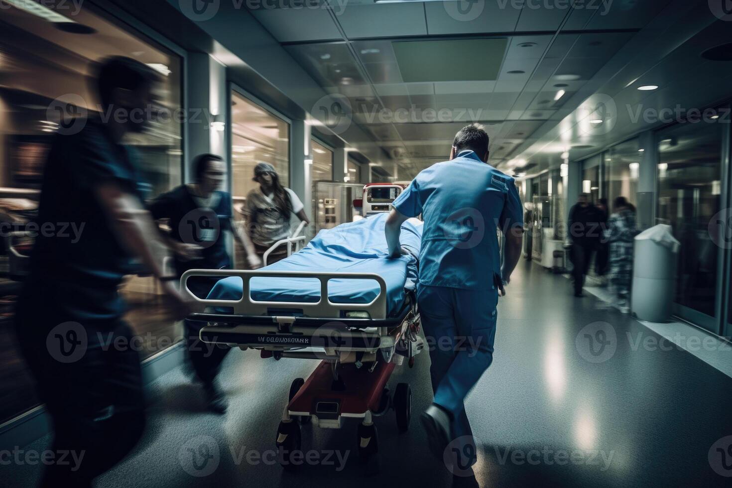Hospital emergency team rush patient in clinic corridor. photo