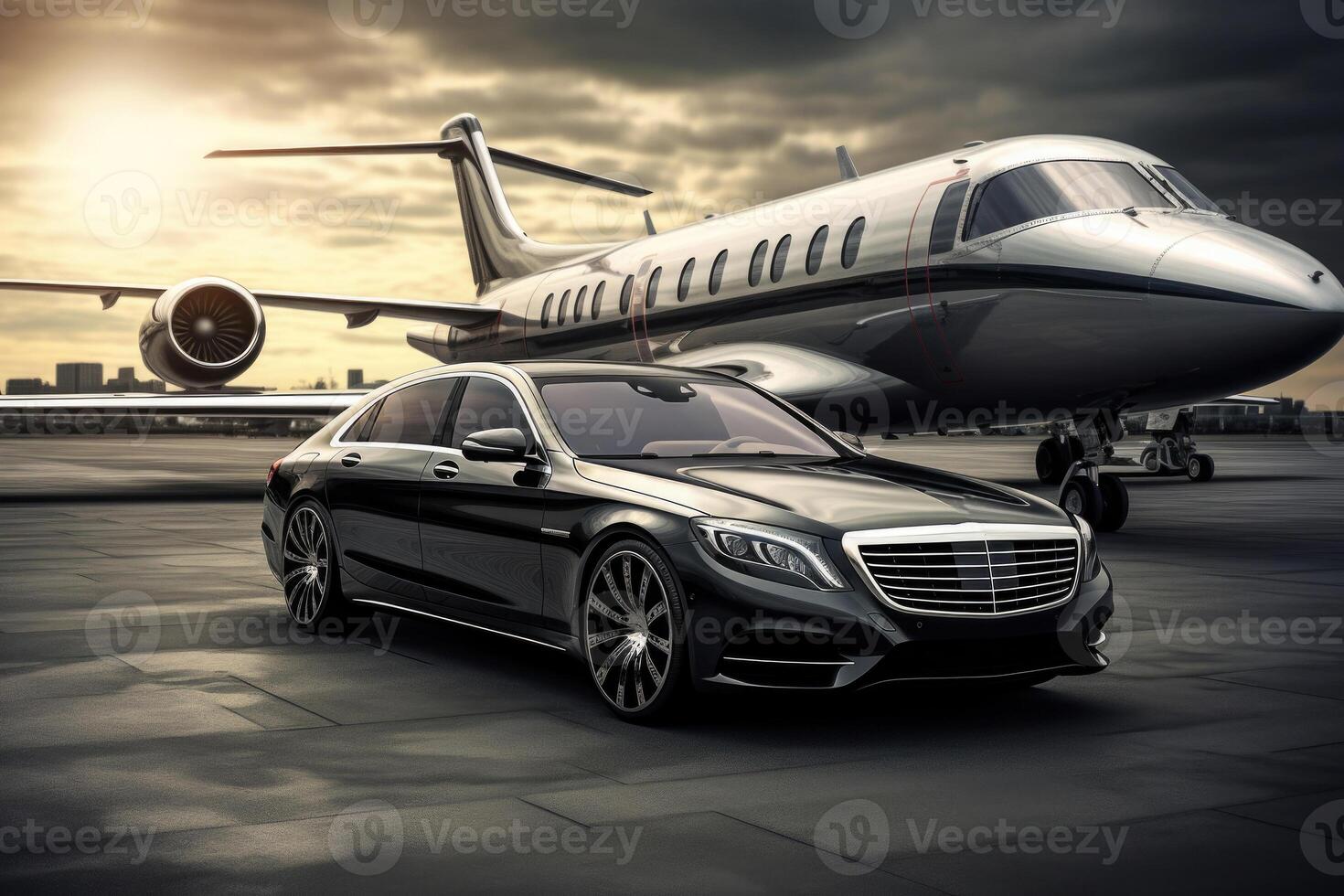 Private jet and luxury car in airport. Generative AI photo