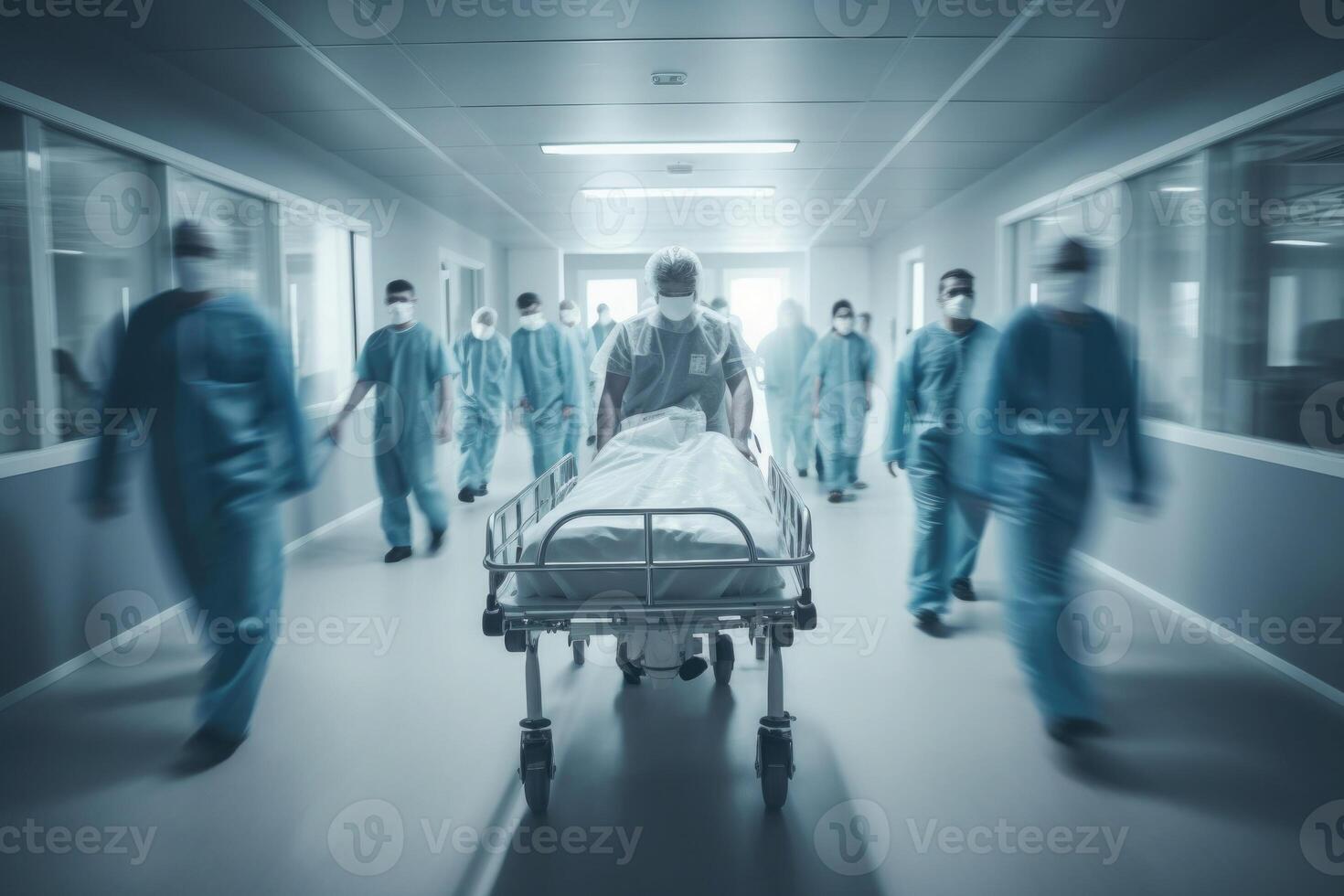 Hospital emergency team rush patient in clinic corridor. Generative AI photo