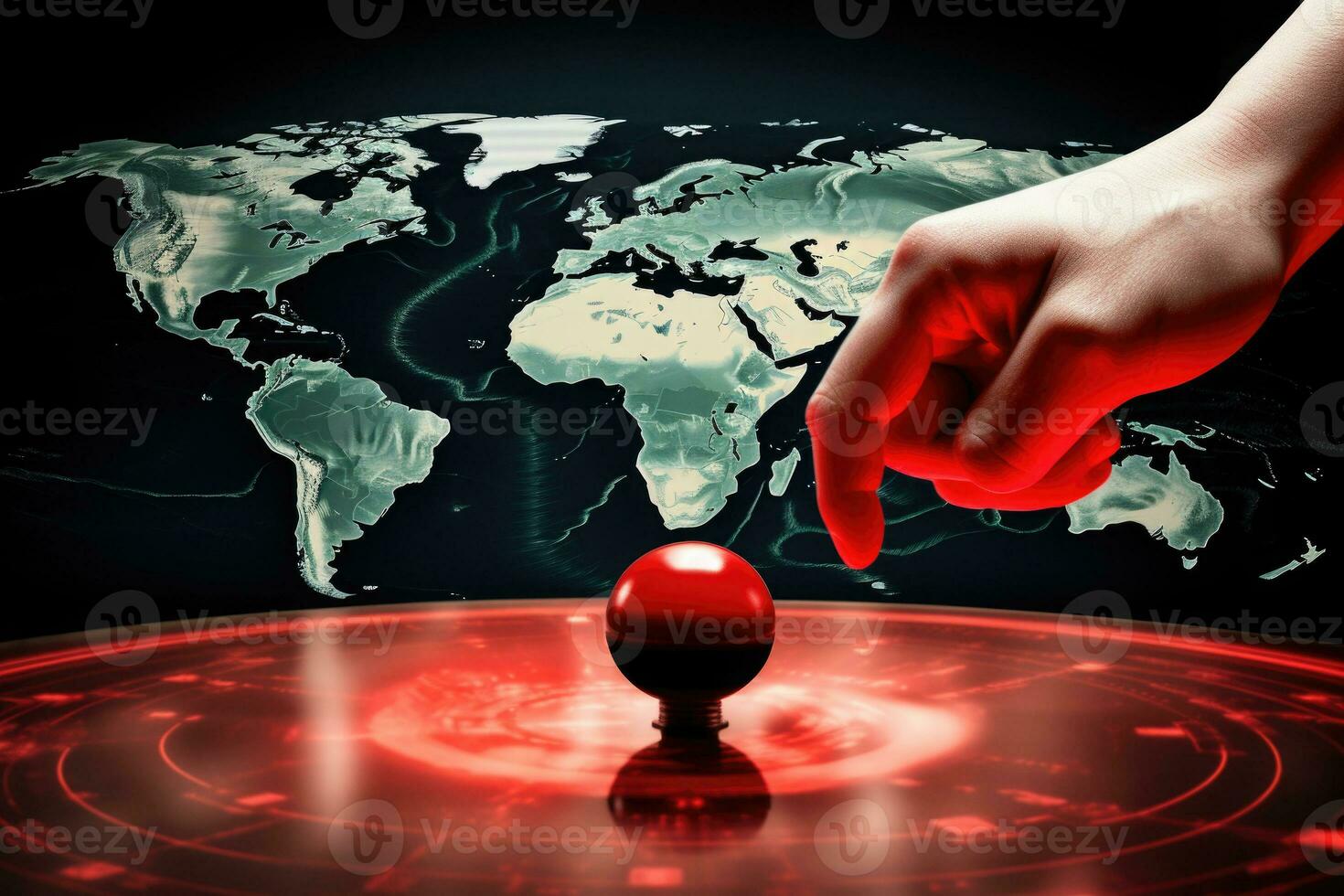 World war concept. Hand push red button for nuclear attack. Generative AI photo